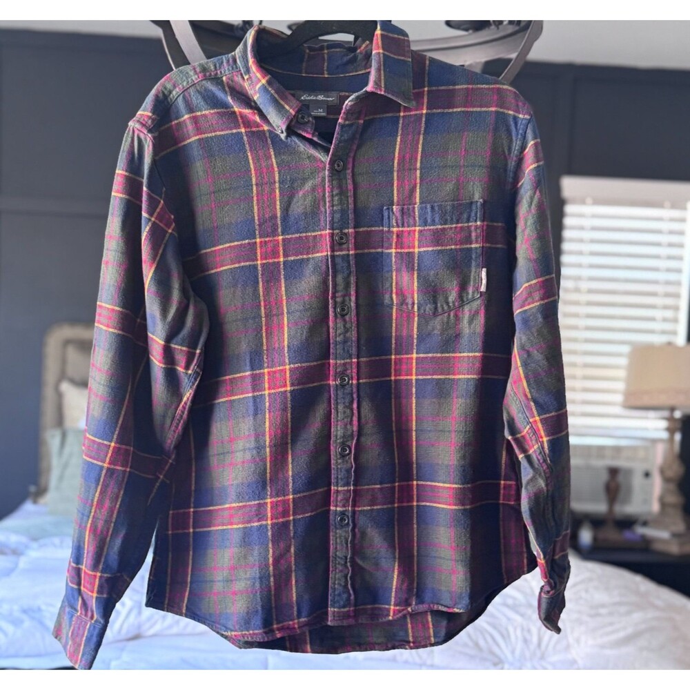 Eddie Bauer Mens M Blue Green Tartan Plaid Christmas  colors  Soft Flannel